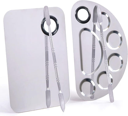 Stainless Steel Metal Makeup Palette with Spatula Artist Tool for Mixing Foundation Nail-Art, Cosmetic Makeup Palette, Makeup Plate, 6×4"/Silver/2pcs