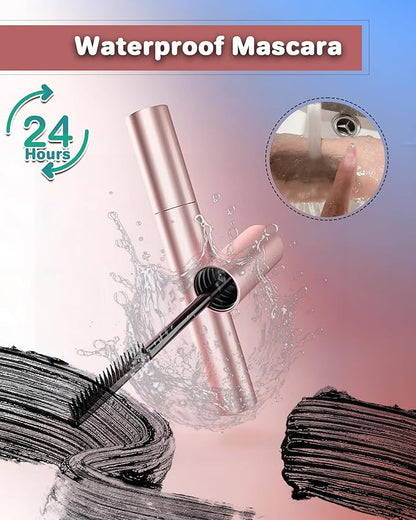 3D Curling Iron Wand Mascara - Volumizing Telescopic Mascara, Waterproof & Smudge-Proof, Liquid Lash Extensions Look, No Clumps, Flakes or Residue, Salon-Like Bold Lashes (2 black+lash curler)